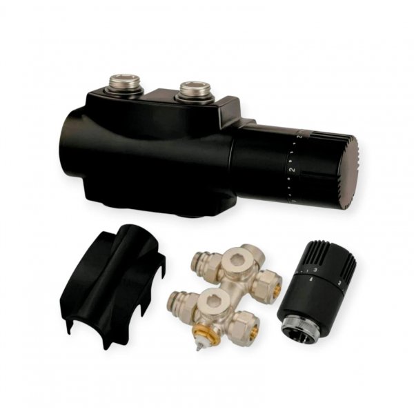 Multiblock Mittelanschluss Hahnblock Universal Multiblock Universal Eck-/Durchgangsform + Thermostatkopf SCHWARZ